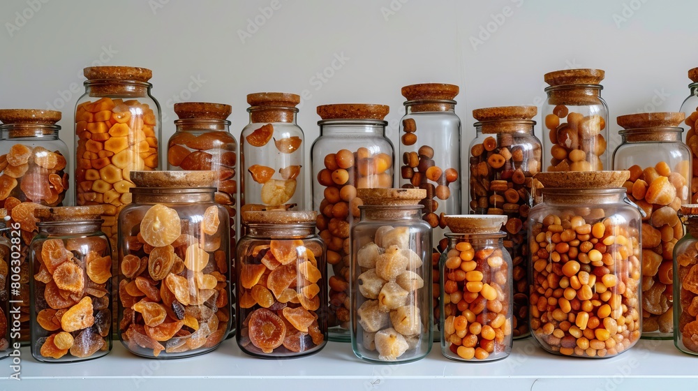 Assorted dried fruits in glass jars on white background for healthy eating and food photography Assorted dried fruits in glass jars on white background for healthy eating and food photography
