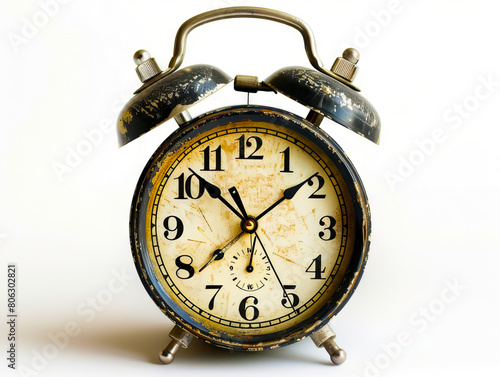 An old fashioned alarm clock on a white background.