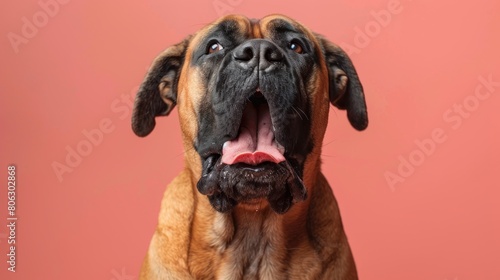 English Mastiff  angry dog baring its teeth  studio lighting pastel background