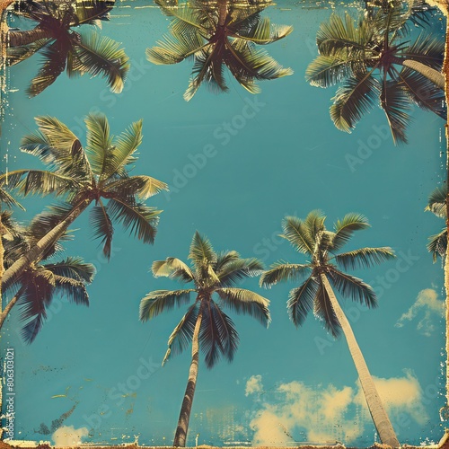 blue sky and palm trees. view from below