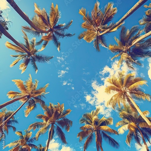 blue sky and palm trees. view from below