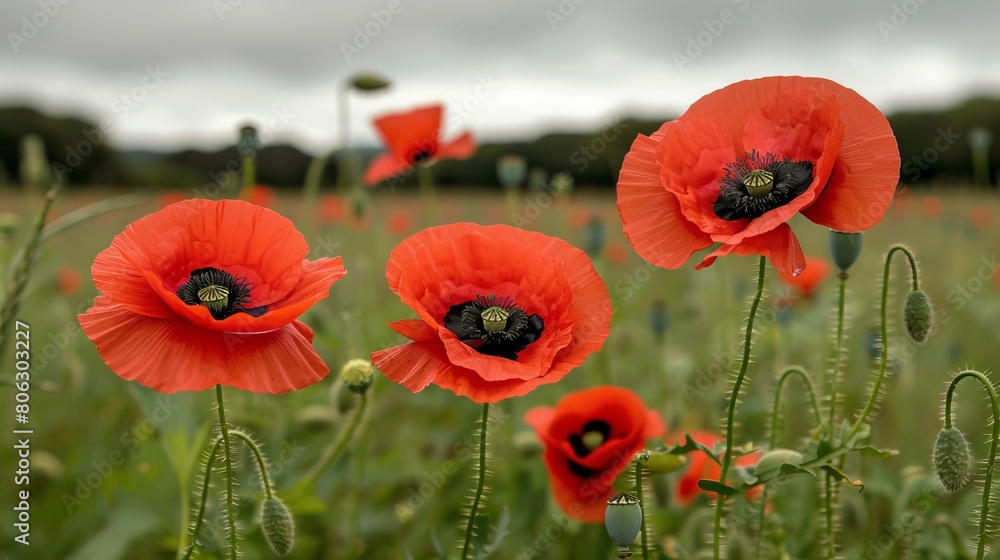 Obraz premium Red poppies field. symbol of remembrance and sacrifice on anzac day, floral landscape for tribute