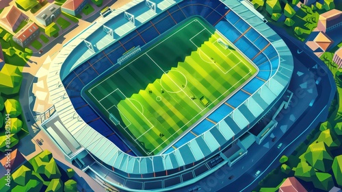 A vibrant isometric illustration of a football stadium surrounded by greenery and urban structures, showcasing the sports field photo