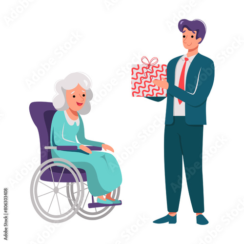 Illustration of a Giving a Gift of man and woman, disabled in white background © Наталья Пшеничная