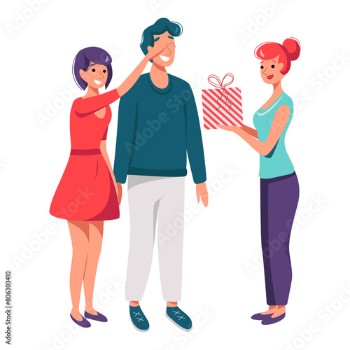 Illustration of a Giving a Gift two women and man friends in white background © Наталья Пшеничная