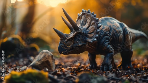 A close-up shot of a detailed Triceratops dinosaur toy in a natural forest setting during sunset, invoking a prehistoric ambiance