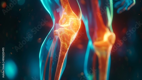 3D digital model of a human knee in pain, focusing on inflamed synovial fluid, medical concept photo