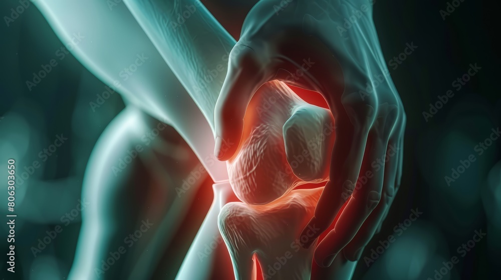 Medical 3D rendering of a knee joint experiencing pain with visible red ...