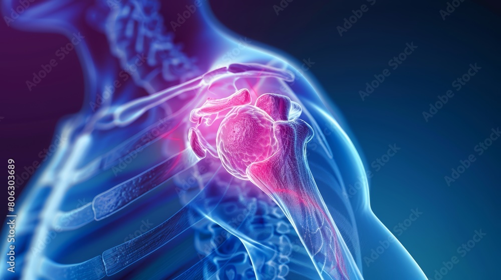 Medical drawing of a shoulder with pain zones marked, next to an X-ray image for comparison, close-up Medical drawing of a shoulder with pain zones marked, next to an X-ray image for comparison, close-up