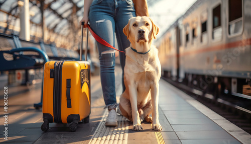 Cute labrador furry dog with a owner friend waiting for train departure on the station platform. They are traveling together with large yellow suitcase. Traveling with pets and railroad travel concept