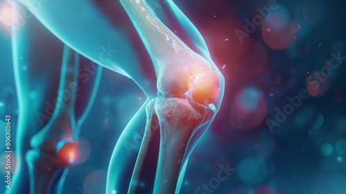 Medical 3D illustration showing the impact of sports injuries on knee joints, pain points emphasized photo