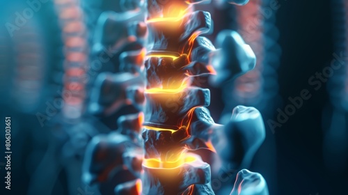 Medical diagram close-up on lumbar region showing precise locations of back pain in the spine #806303651