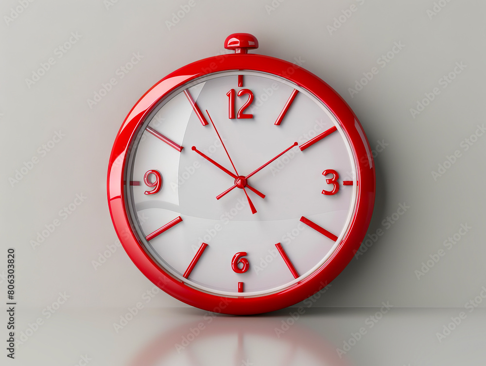 A red clock on a white wall. A red clock on a white wall.
