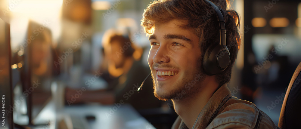 Young male support service operator wearing headphones and a microphone to communicate with clients Young male support service operator wearing headphones and a microphone to communicate with clients
