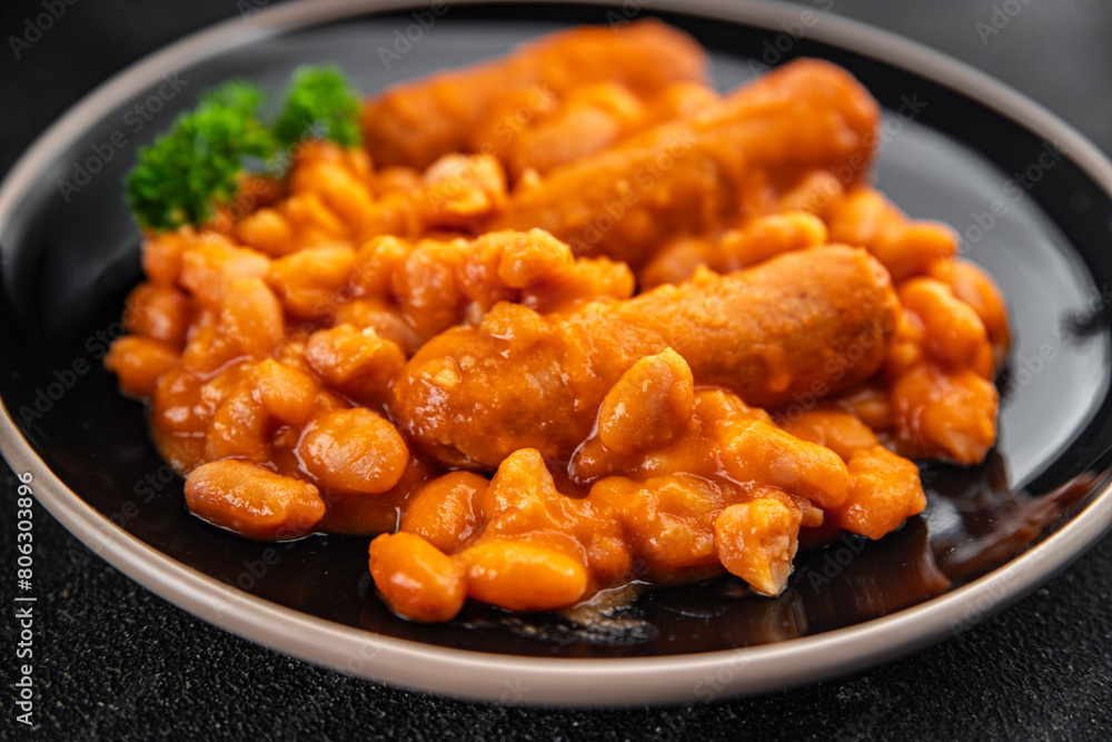beans tomato sauce sausages fresh cooking meal food snack on the table copy space food background rustic beans tomato sauce sausages fresh cooking meal food snack on the table copy space food background rustic