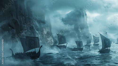 Viking ships in foggy mystical sea landscape photo