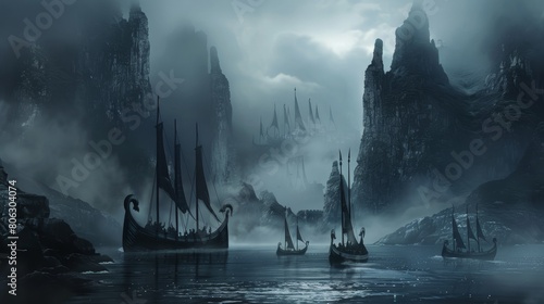 Viking ships in foggy mystical sea landscape photo