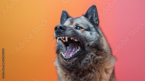 Norwegian Elkhound, angry dog baring its teeth, studio lighting pastel background photo