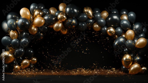Golden and black balloons with confetti on black background
