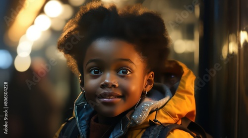Little african american girl with backpack looking at camera in city © Ashfaq