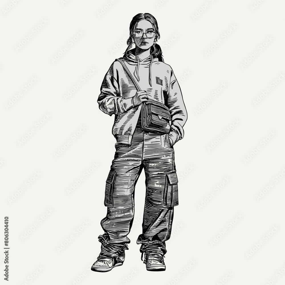 Cargo pants monochrome ink sketch vector drawing, engraving style illustration