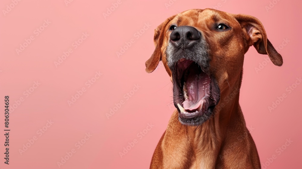 Rhodesian Ridgeback, angry dog baring its teeth, studio lighting pastel background