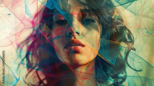 A woman with vibrant hair stands against a colorful backdrop with depiction of smoke colours