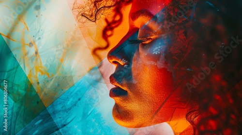 A woman with curly hair posing in front of a vibrant, colorful background with plasmic rays of colours photo