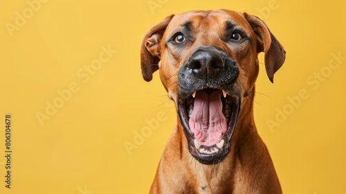 Rhodesian Ridgeback  angry dog baring its teeth  studio lighting pastel background