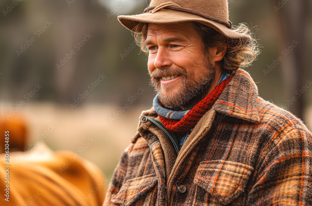 Farmer with tablet and cow on pasture