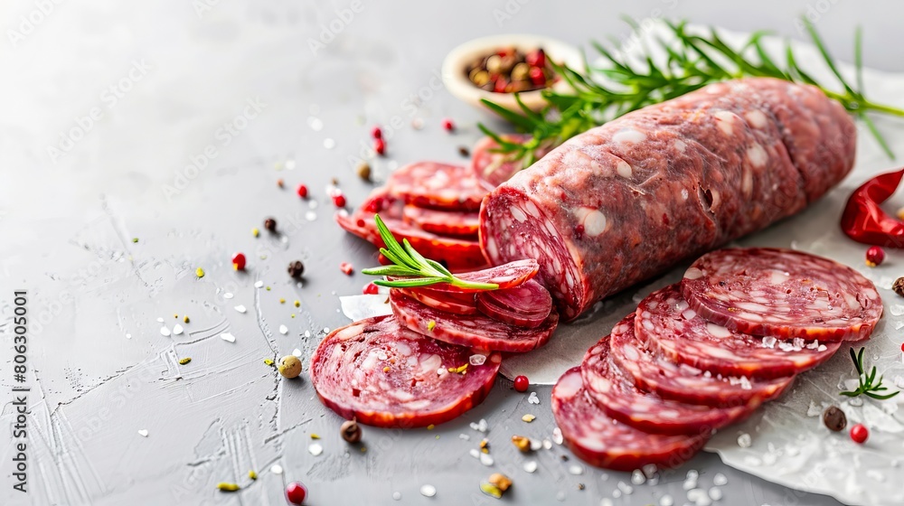 Sliced salami on a gray background.