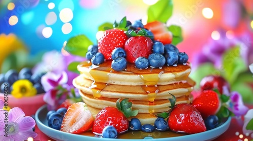 Pancakes decorated with a blueberry and strawberry American flag design  drizzled with syrup  on a vibrant red backdrop