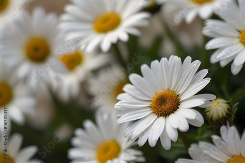 Beautiful springtime daisy with a glistening heart  White daisies with yellow centers set apart against a dark background.  