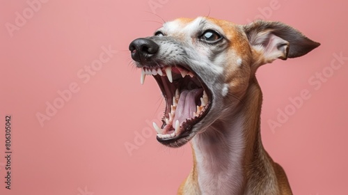Whippet, angry dog baring its teeth, studio lighting pastel background photo