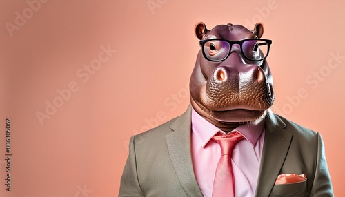 stylish portrait of dressed up imposing anthropomorphic hippopotamus wearing glasses and suit on vibrant pink background with copy space funny pop art illustration © Makayla