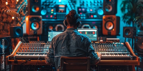 Black male music producer working at a recording studio photo