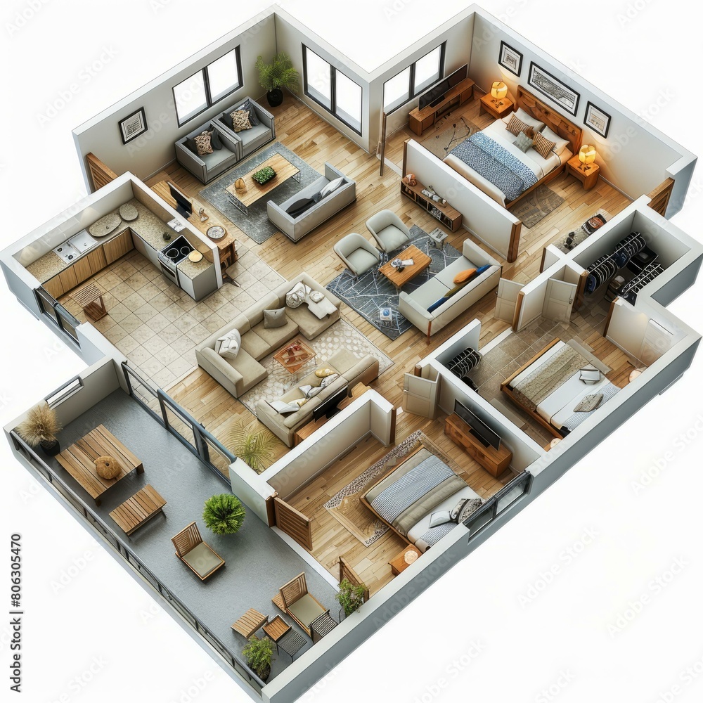 Modern 3D house interior design with open floor plan Modern 3D house interior design with open floor plan