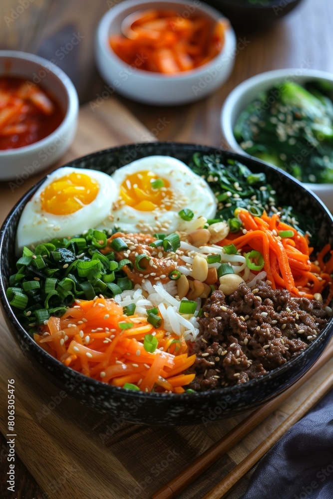 Korean Food Bibimbap with Rice, Beef, Egg and Vegetables Korean Food Bibimbap with Rice, Beef, Egg and Vegetables