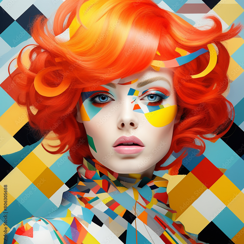 Fototapeta premium Pop art fashion photoshoot. Beautiful model, elaborate outfit, makeup. Square frame.