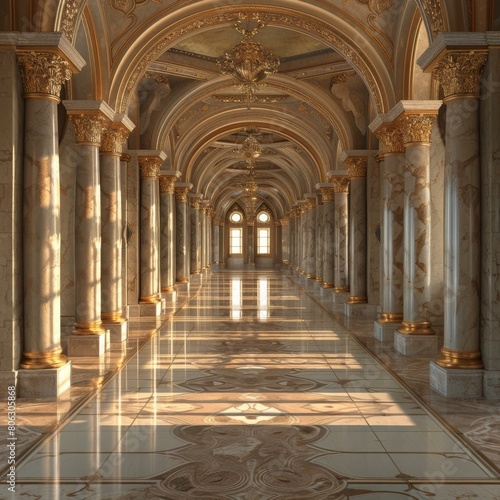 ornate hallway with marble columns and gold accents