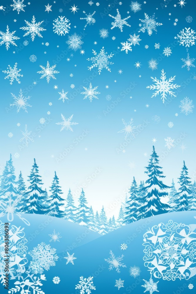 Blue and white winter background with snowflakes and snow-covered pine trees