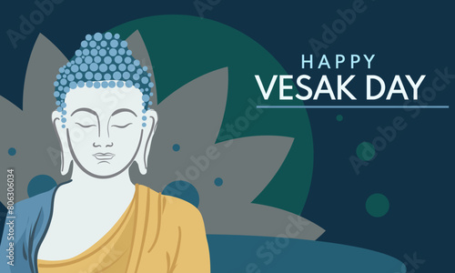 happy vesak day banner. Face of a meditating Buddha against lotus flower - vector illustration, banner card .  blank space