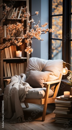 A cozy reading nook with a comfortable chair  a soft blanket  and a warm lamp