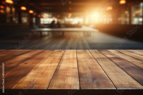 An Empty Wooden Table with a Blurred Restaurant Interior in the Background © Adobe Contributor