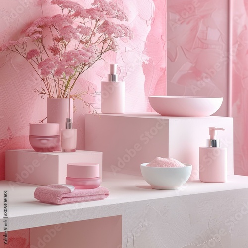 Wallpaper Mural Pink and white bathroom counter with pink flowers and beauty products Torontodigital.ca