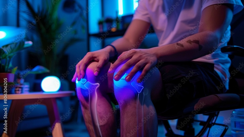 Obraz premium A mans hands massaging his knee joint, using gentle strokes to ease the pain and stiffness