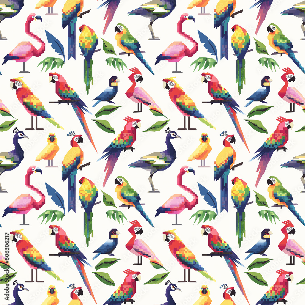 Fototapeta premium A design featuring a repetitive pattern of pixelated birds, including colorful parrots, elegant peacocks, and vibrant flamingos.