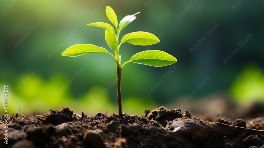 Close up image of a young green plant growing out of the soil with a blurred background Close up image of a young green plant growing out of the soil with a blurred background