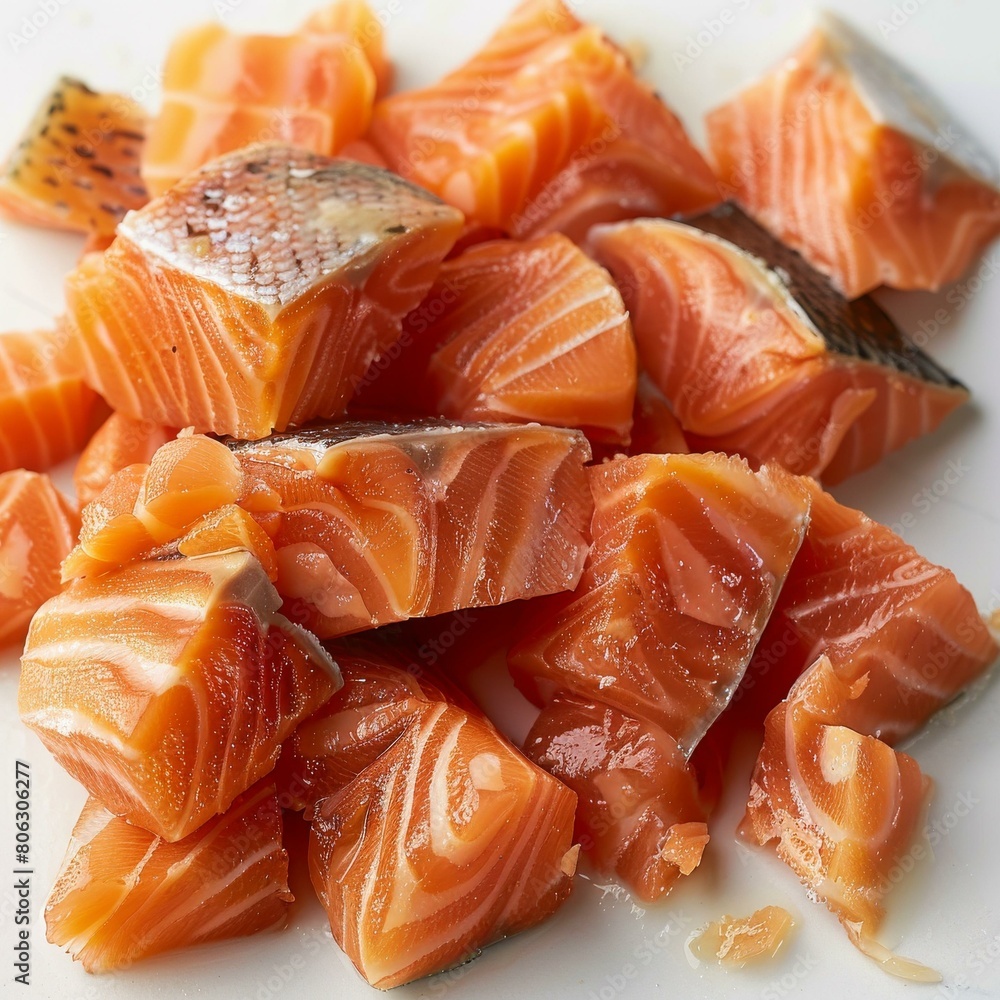 A close-up of a cutting board with pieces of raw salmon A close-up of a cutting board with pieces of raw salmon