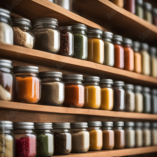 small glass jars on a wooden kitchen shelf.